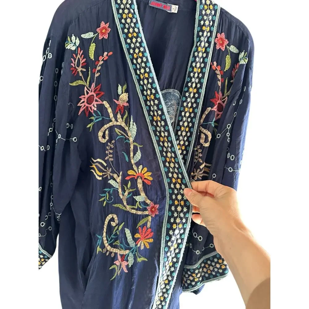 Johnny Was Long Kimono Jacket Summer Floral Embroidered Navy Blue Size Small - Picture 8 of 9